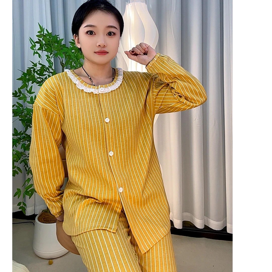 春秋冬季睡衣纯棉双面棉对襟开衫长袖长裤时尚女士休闲可外穿套装