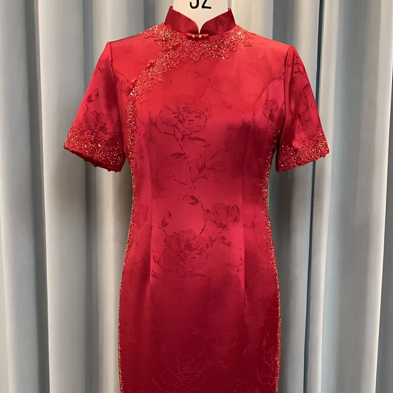 122长酒红色新中式旗袍喜婆婆喜妈妈宴会旗袍礼服改良旗袍连衣裙
