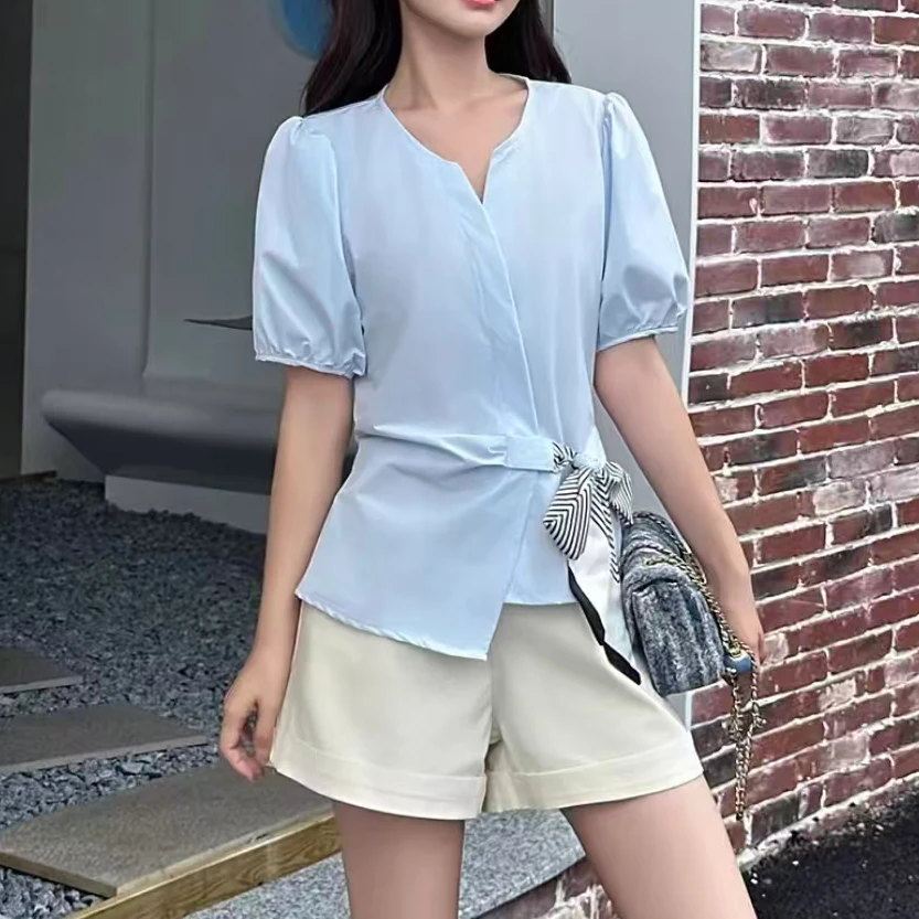 2025夏季新款系带收腰设计感气质衬衫时尚V领短袖上衣8922常56