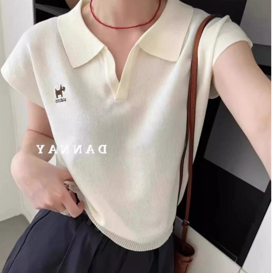 条纹针织polo衫女短袖正肩t恤女夏季设计感小众短款飞袖上衣
