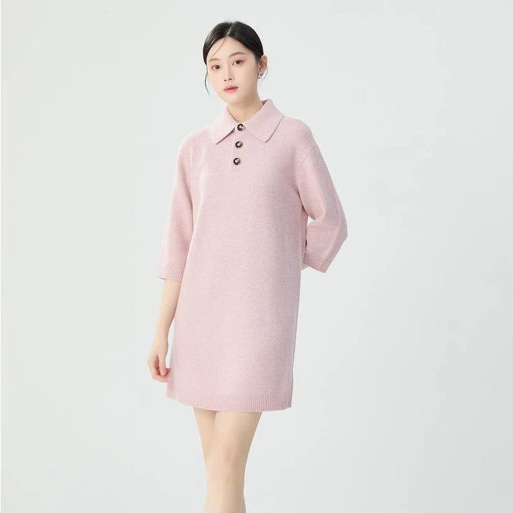 哥弟裙子秋冬款时尚翻领宽松粉色廓形羊毛针织连衣裙子1599030