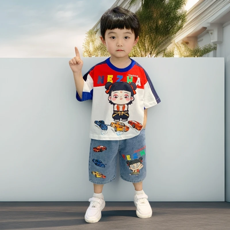 哪吒男童夏季短袖套装2025新款洋气儿童时髦拼色衣服小男孩两件套