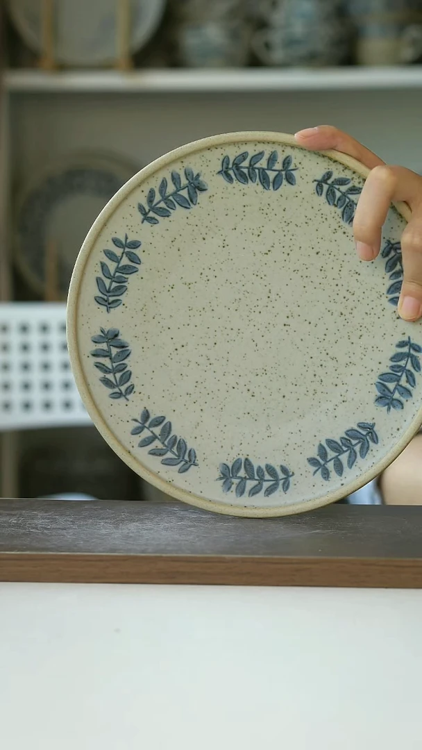 粗陶手绘花环早餐盘21cm@4-2@