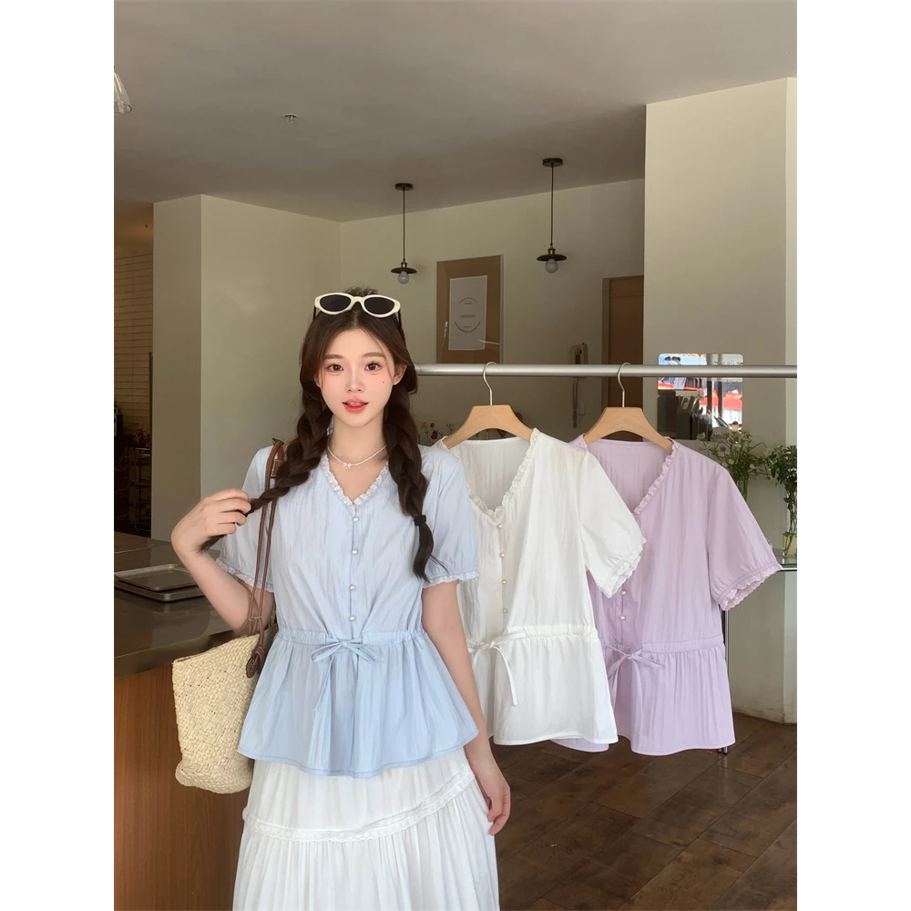 LXM大码女装 胸102-126抽绳收腰娃娃衫短袖5589#