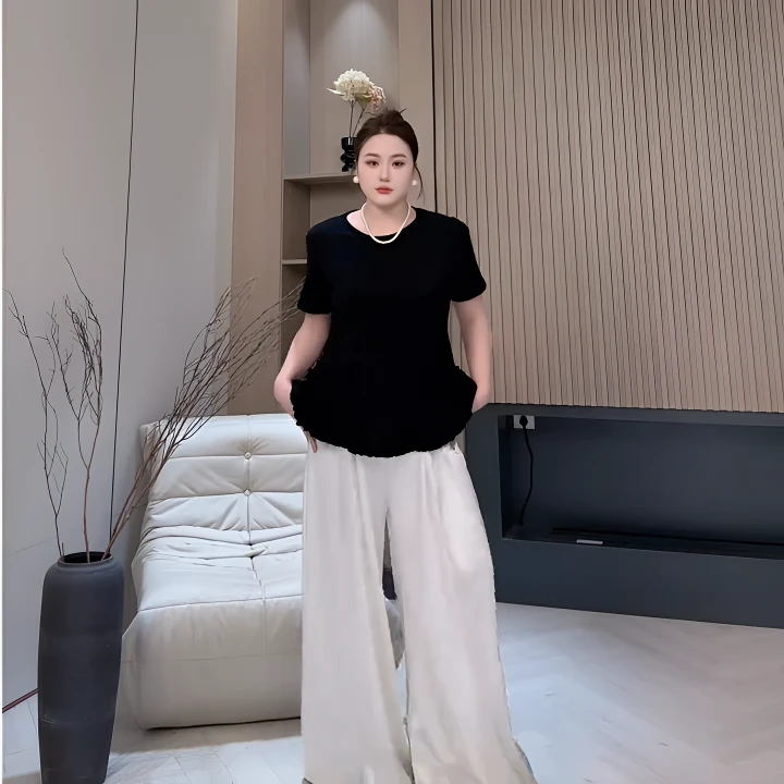 时尚今年流行短袖女夏2025新款花边裙摆短款圆领绝美套装