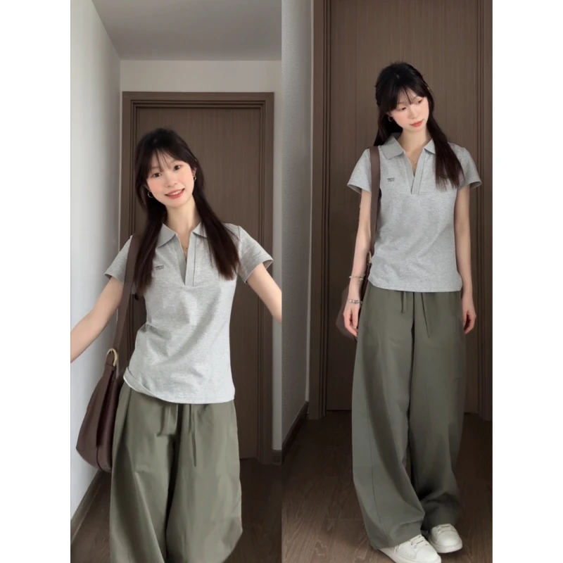 翻V领短袖T恤logo印花修身日常舒适夏季女polo短T