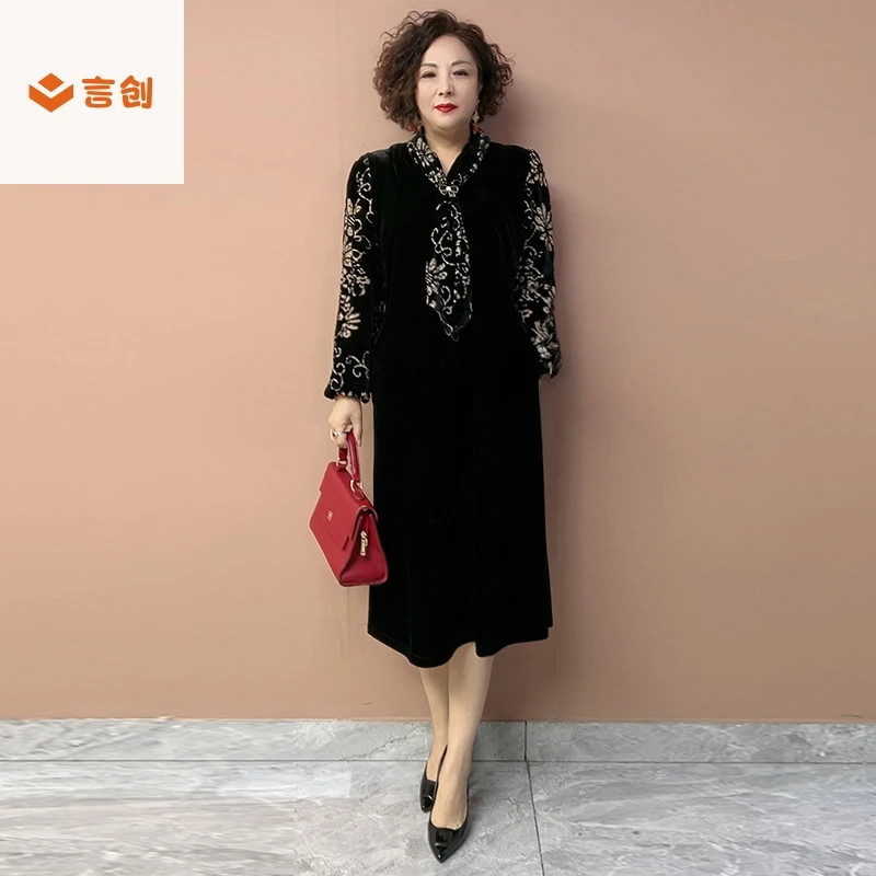 305胖妈妈长袖连衣裙飘带领连衣裙真丝绒拼接袖中年女士长袖裙子