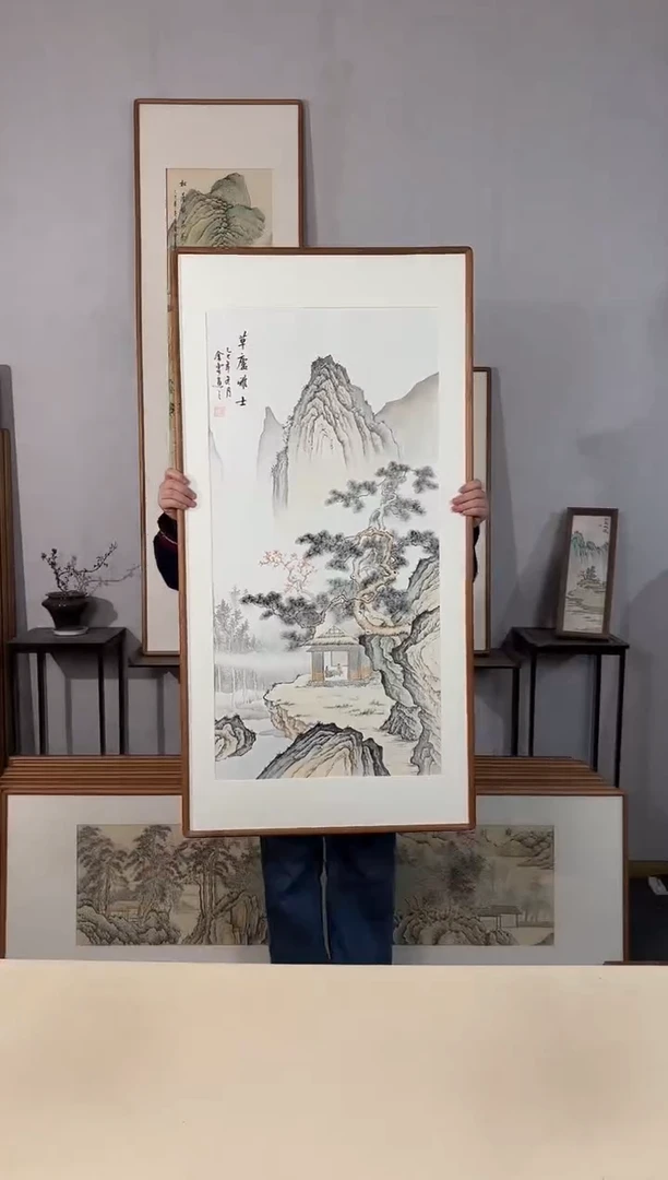 国画手绘*草庐雅士*62*122cm*原木色木框