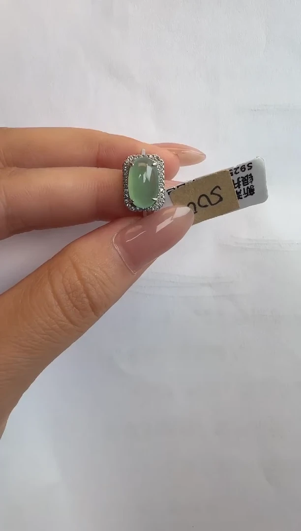 银S925镶嵌戒指翡翠通体925银镶缅甸A货翡翠戒指53