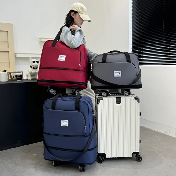 纯色大容量旅行包万向轮双层扩展行李袋出差旅游轻便健身包待产包