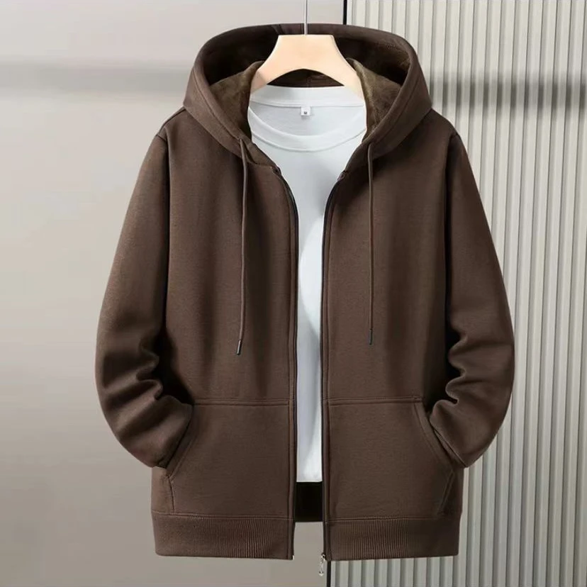 2025年春季男士休闲纯色拉链外套加绒连帽开衫大码帽衫男女同款