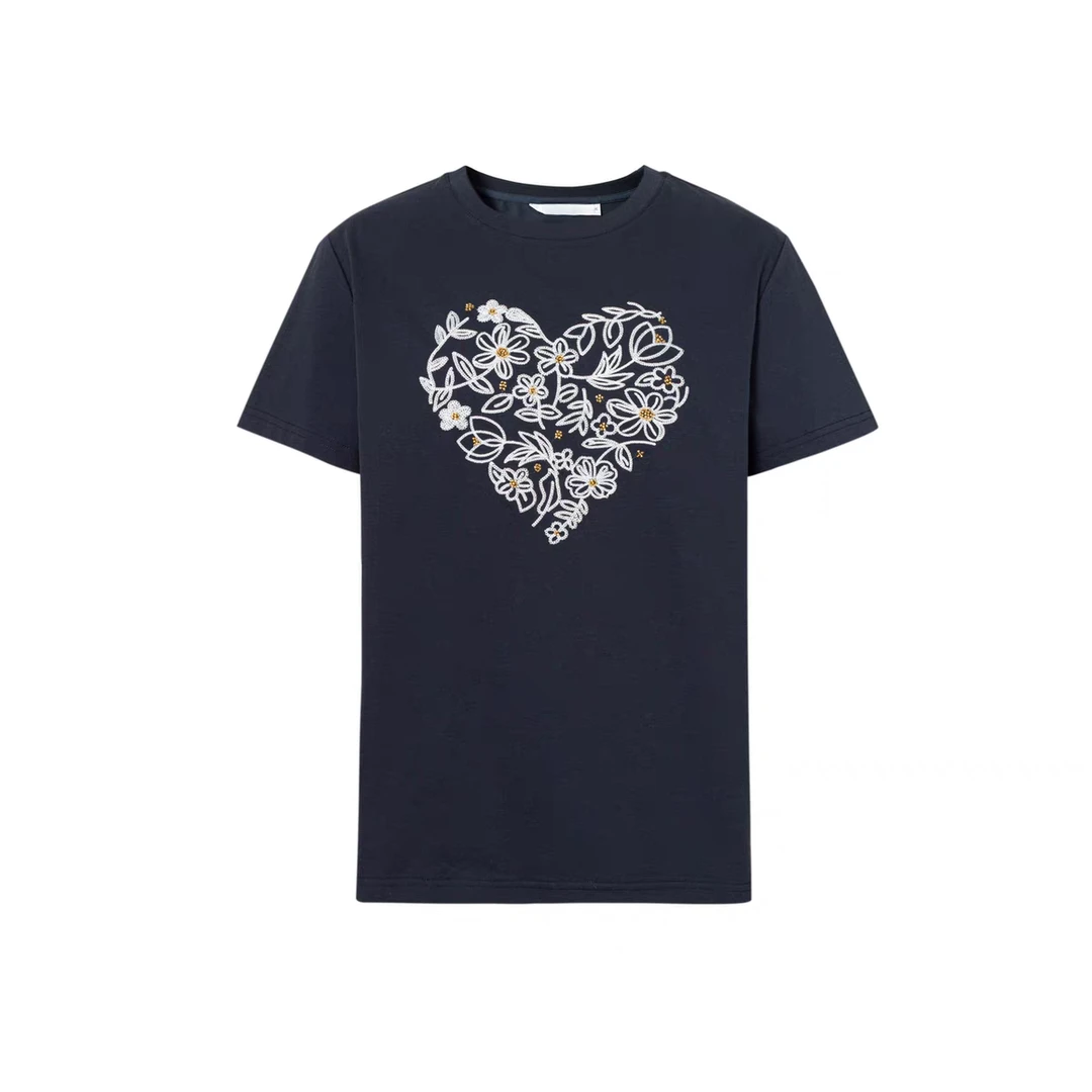 056伊索罗那凉感重工爱心花朵钉珠绣花短袖T恤女2025夏装新款
