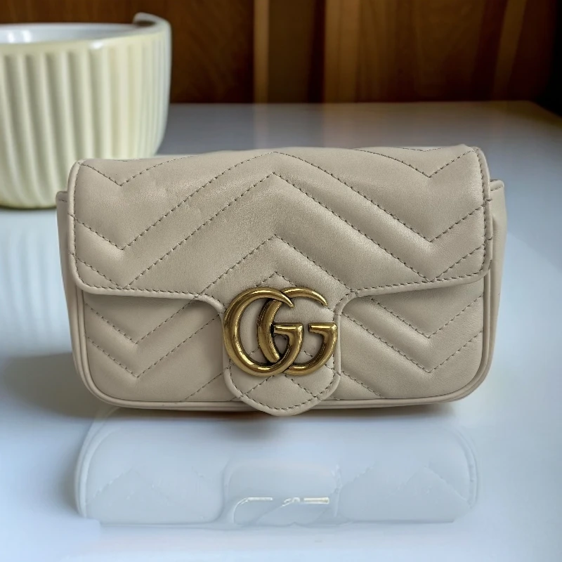 99新 GUCCI/古驰 经典白色金扣GG迷你马蒙链条包