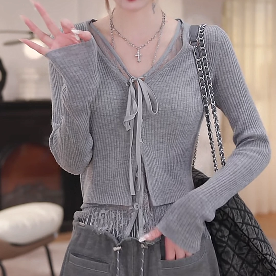 设计感假两件蕾丝拼接针织开衫女2025夏季新款修身显瘦长袖外套