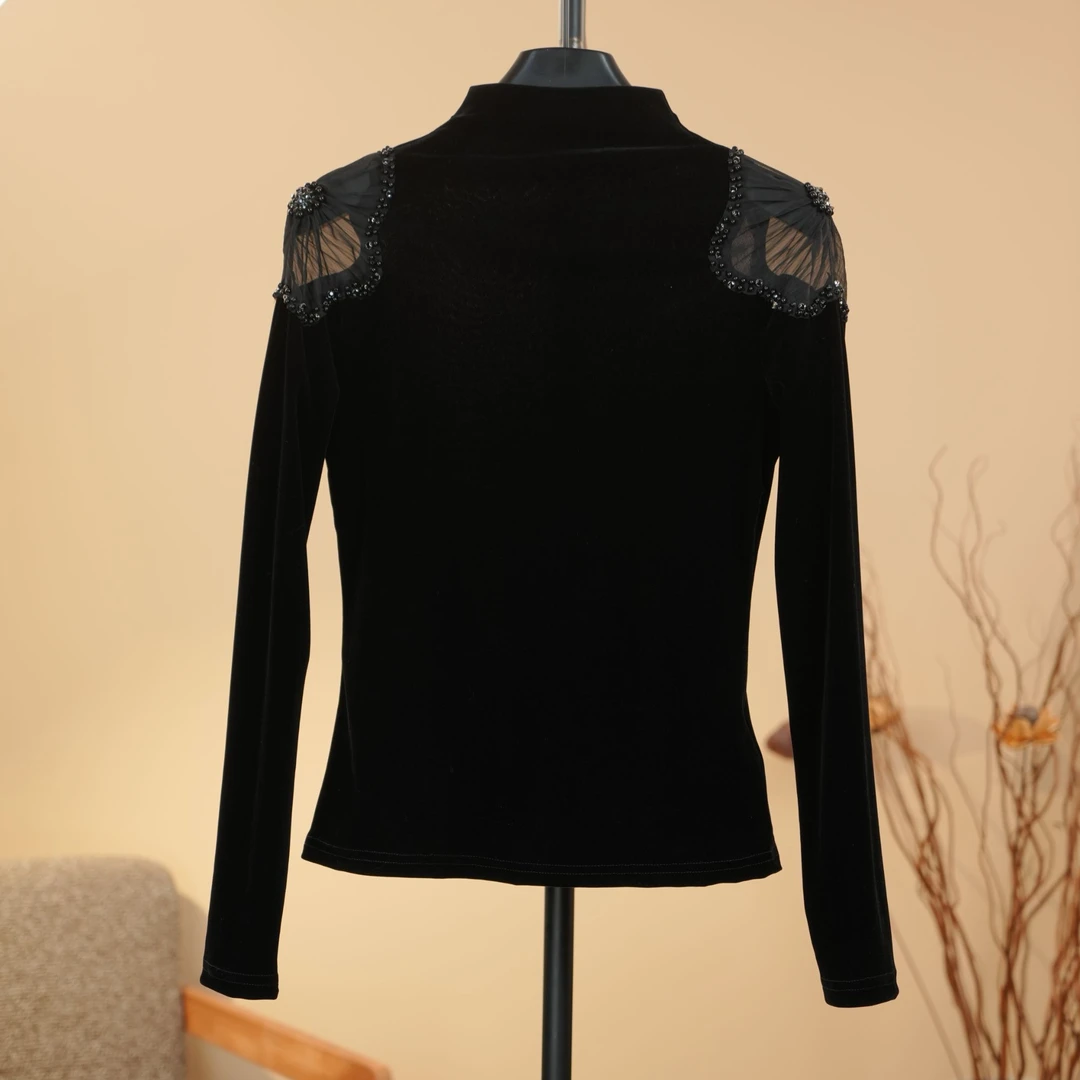 2025秋冬新款丝绒加厚长袖重工钉珠拼接设计感气质半高领C00115