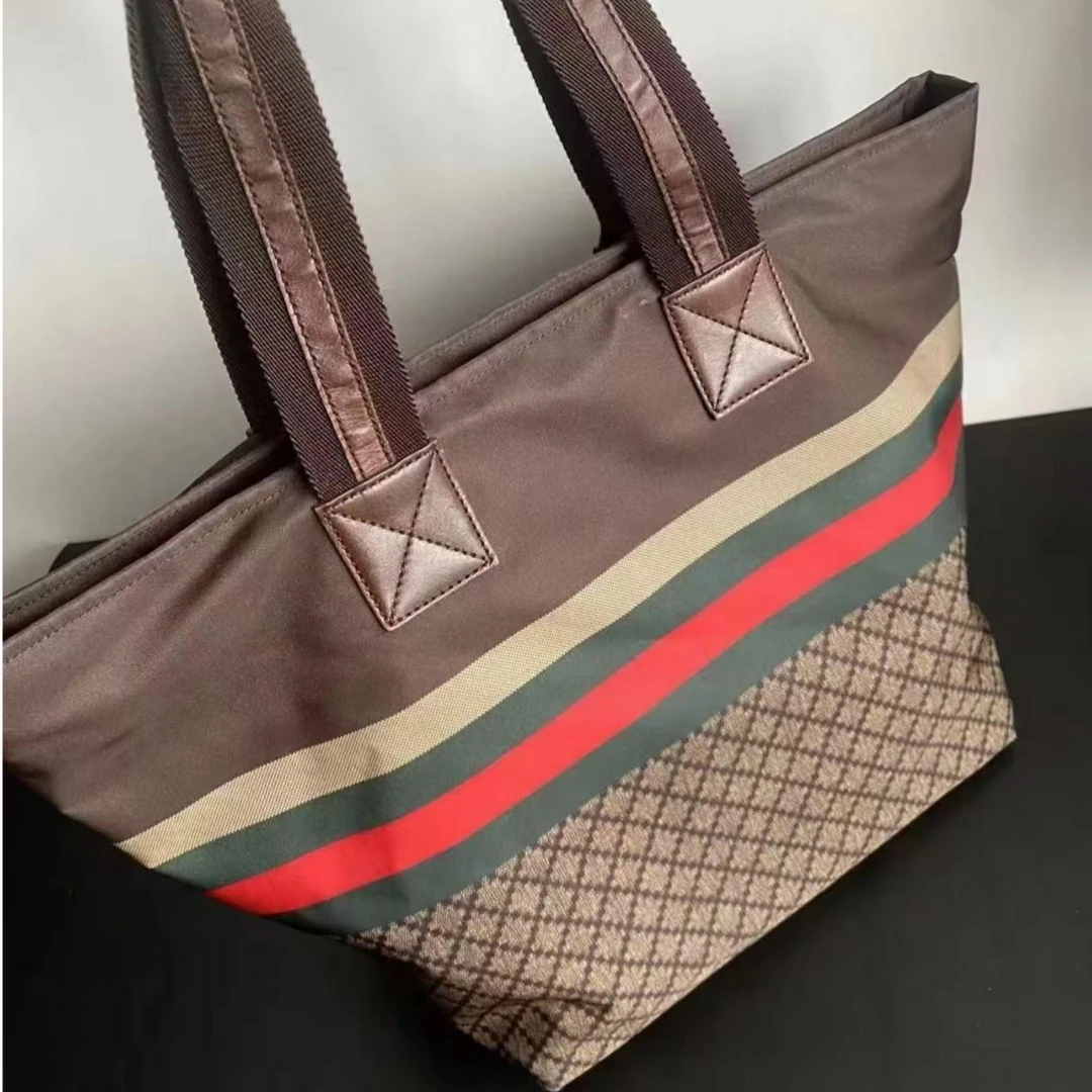95新 GUCCI/古驰 【静文】黑灰拼条纹 尼龙 托特包/BGH003690046