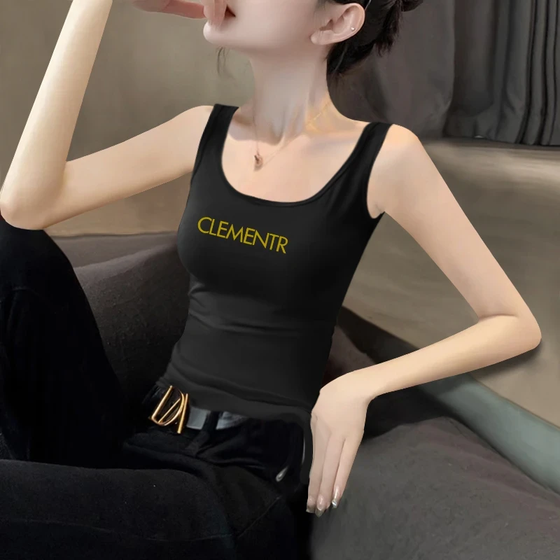 黑色吊带背心女内搭打底夏季外穿修身显瘦无袖美背字母印花上衣潮
