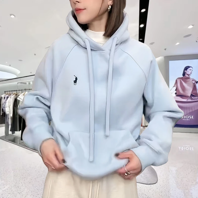 慵懒风小马刺绣连帽加绒卫衣2025女装小个子宽松拉链上衣女士