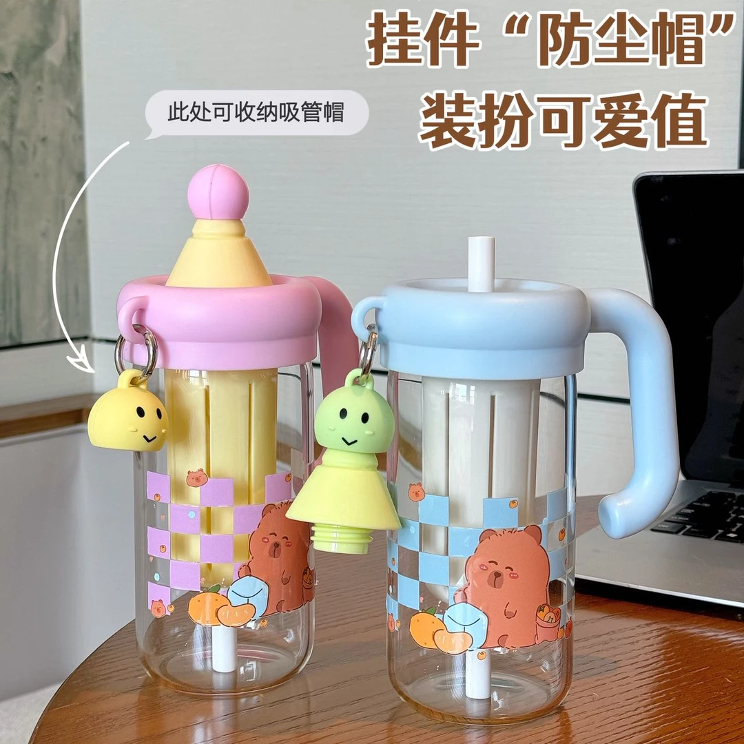 可爱玻璃杯耐高温大容量吸管带把手透明办公室高颜值女水杯子夏季