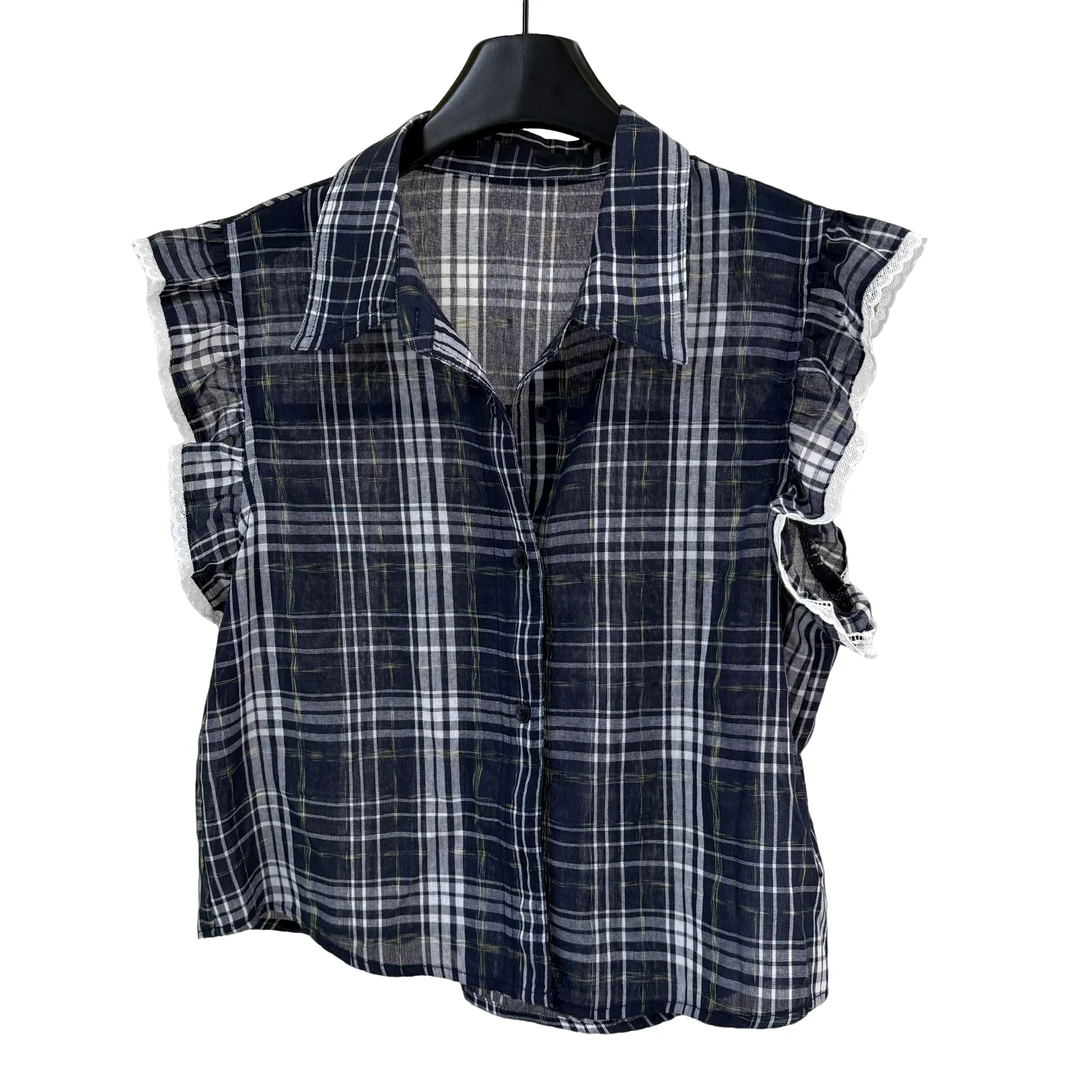 ZY013夏季拼接无袖格子洋气蕾丝花边洋气纯欲慵懒风女装衣服背心