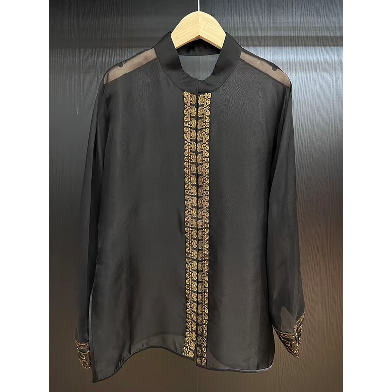 【暗金立领】新中式香云纱早秋织金真丝高定民族风衬衫上衣2394