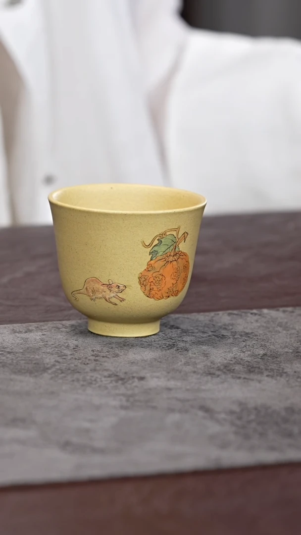 茶杯紫砂泥绘南瓜老鼠 铃铛杯