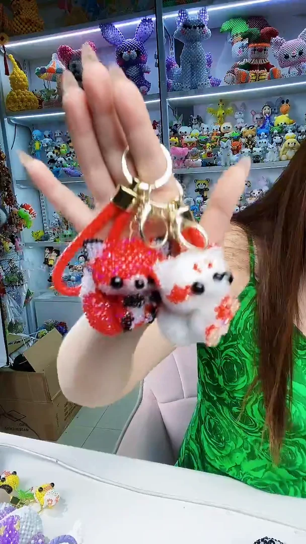 玻璃2420卡2水晶凤九材料包1对带皮绳钥匙扣白红色