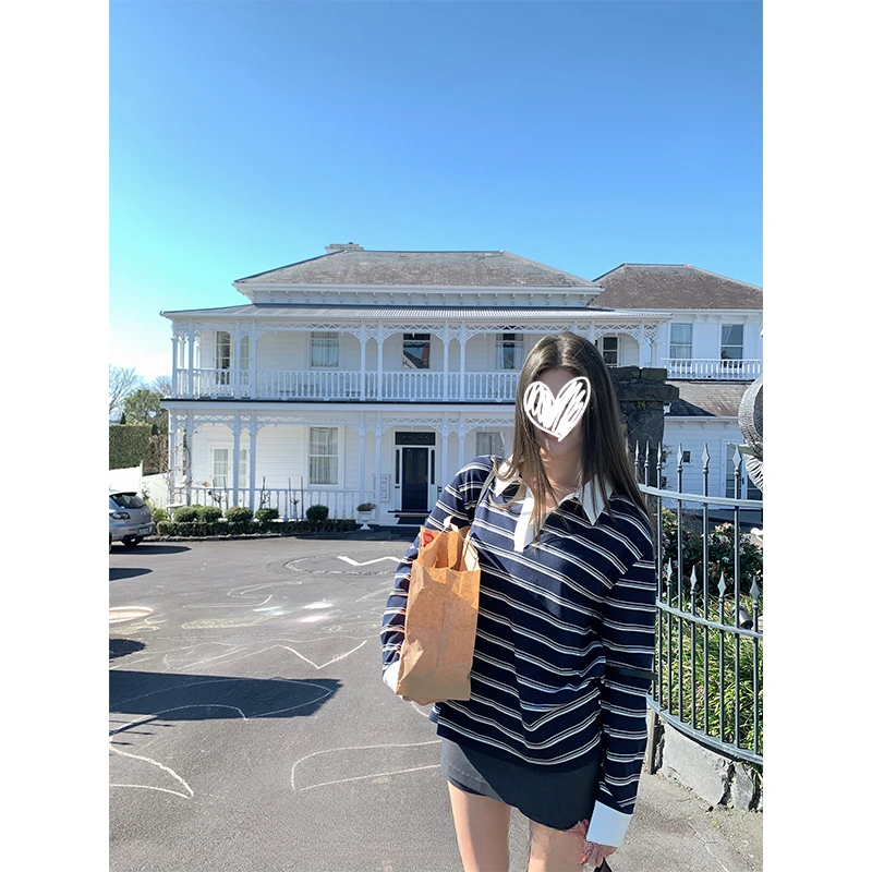 慵懒风撞色条纹polo领长袖t恤女早秋季休闲宽松中长款上衣打底衫