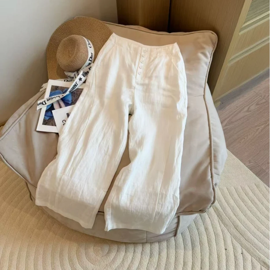 2025夏季新款简约通勤休闲风单排扣设计感高腰阔腿裤时尚百搭裤子