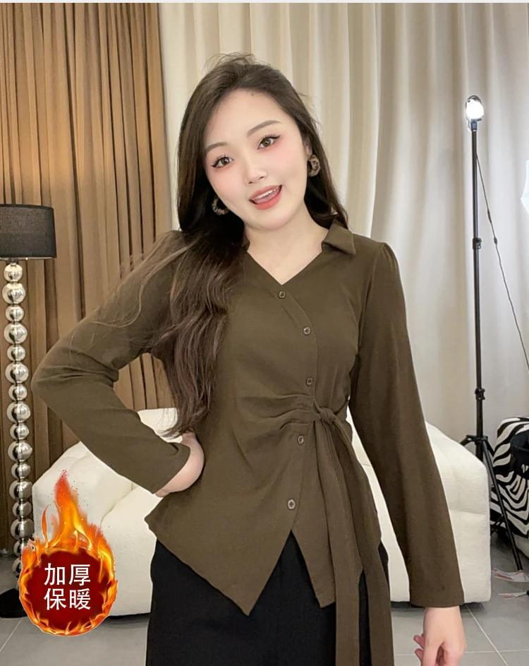 小个子时尚长袖衬衫女2026新款洋气收腰显瘦加厚扣子系带上衣