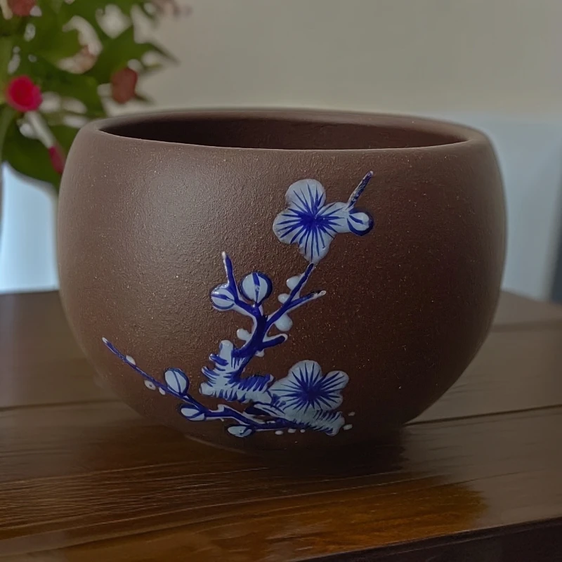 宜兴正宗原矿紫砂家用手工彩绘珐琅彩青花梅花紫泥小茶杯手工茶杯