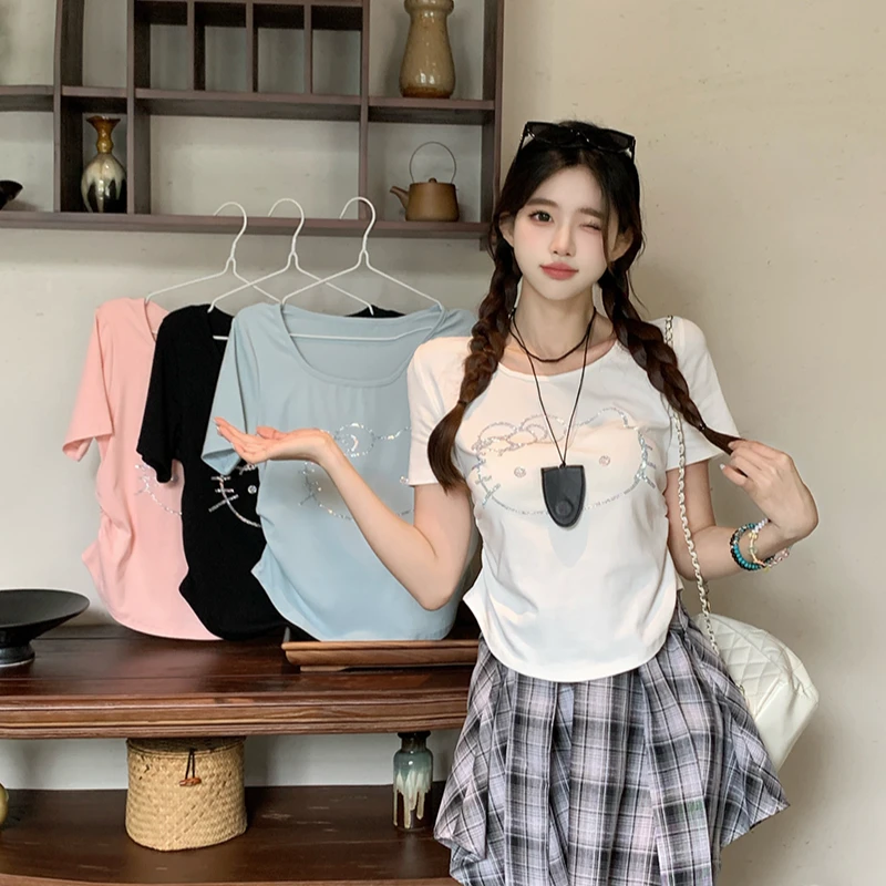 2025夏装新款胖mm大码女甜美减龄重工烫钻卡通弧形短袖T恤A1304