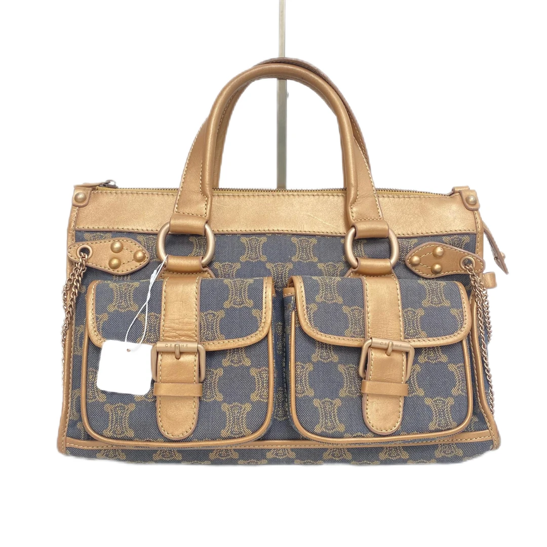 95新 Celine/思琳 凯旋门老花帆布拼皮单肩手提包 SH-3601