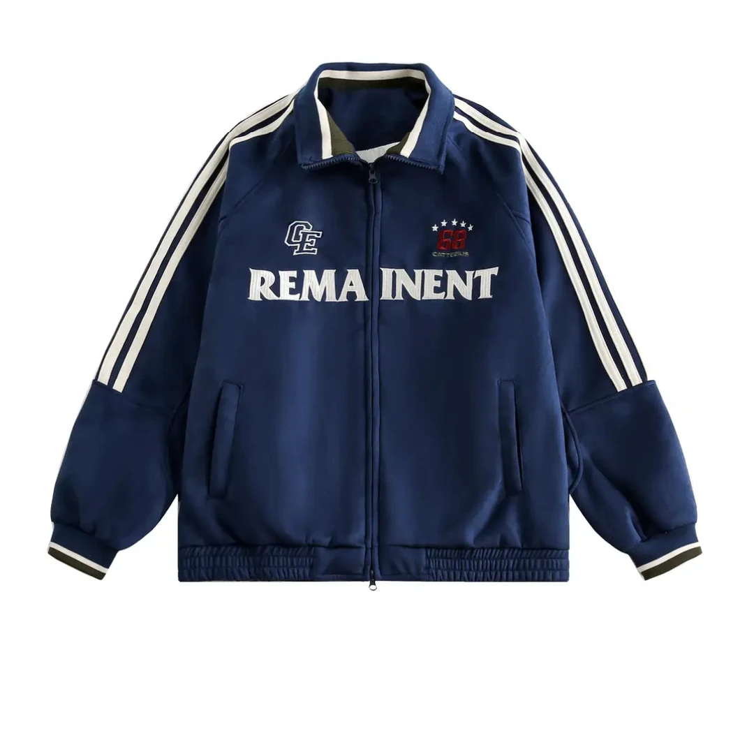 新款刺绣三条杠织带撞色男女同款休闲宽松夹克外套5328