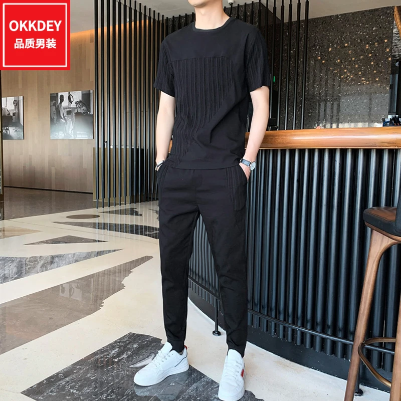 okkdey夏季新款男士运动套装高档潮流短袖t恤休闲短裤冰丝两件套