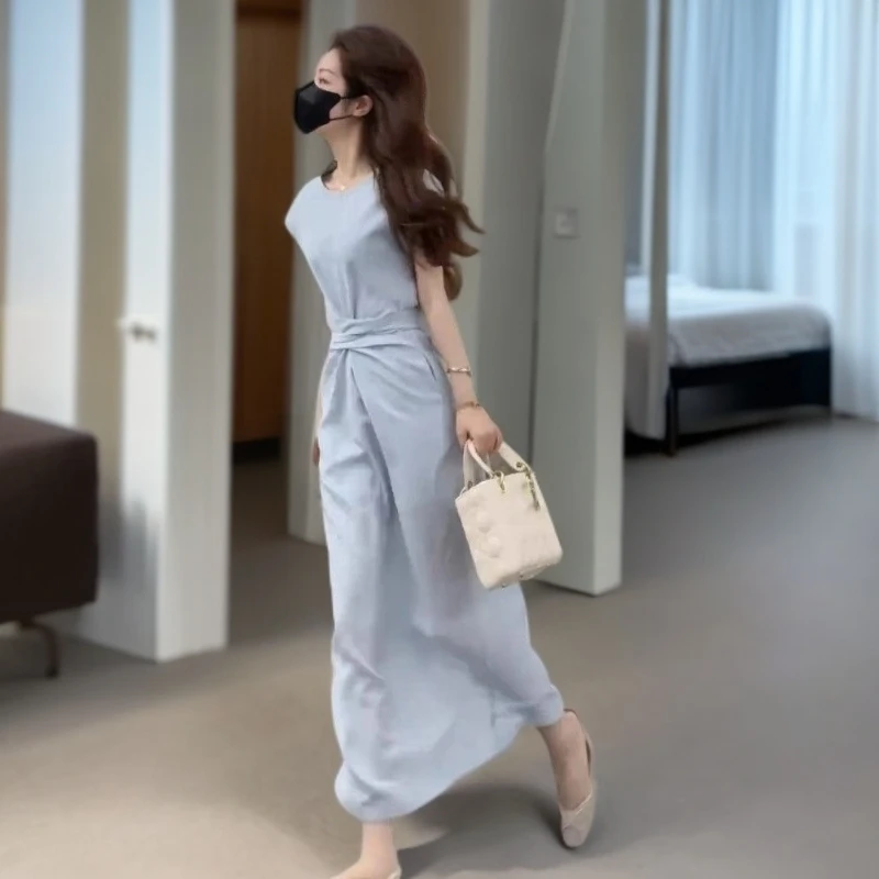 蓝色掐腰连衣裙夏女2025新款法式优雅巨好看的裙子高级感特别漂亮