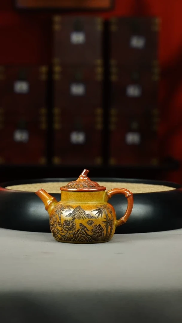 茶壶紫砂赤焰烧 竹段茄瓜 刻绘花鸟 山水