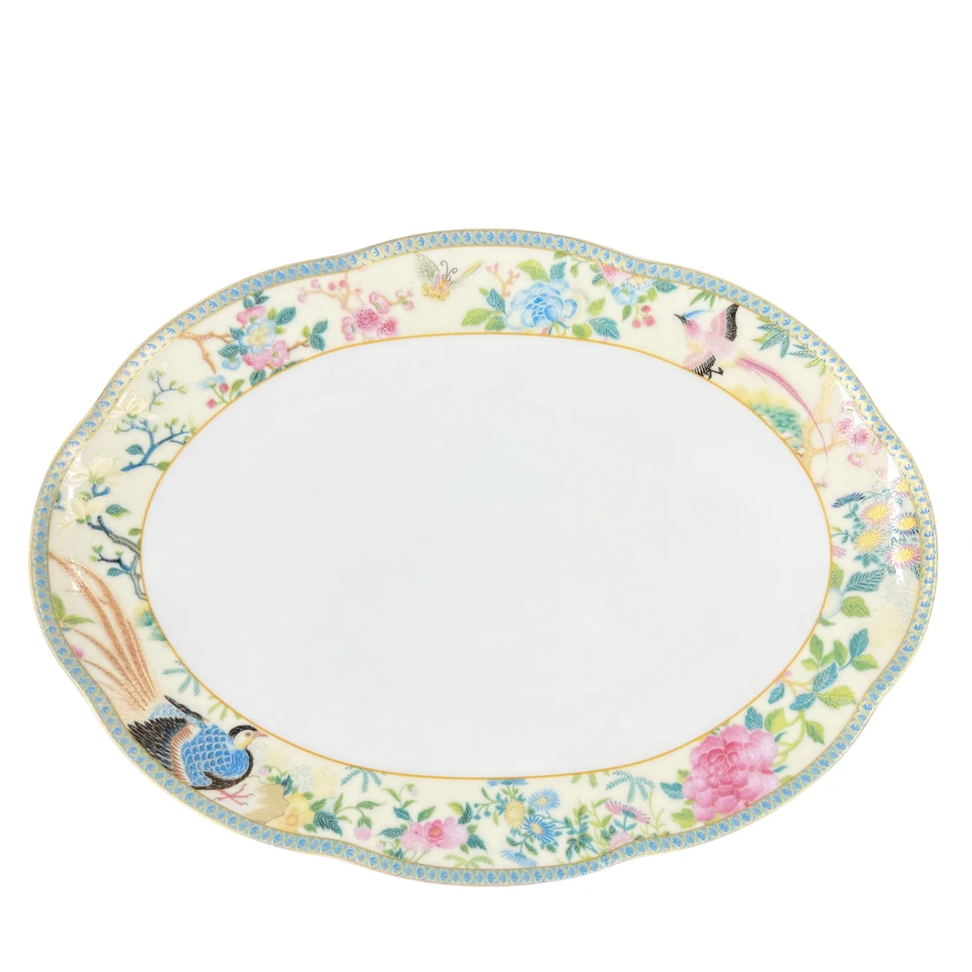 骨瓷百鸟和鸣12寸鱼盘米黄色 轻奢高档家用餐盘#F9508C-13E-4