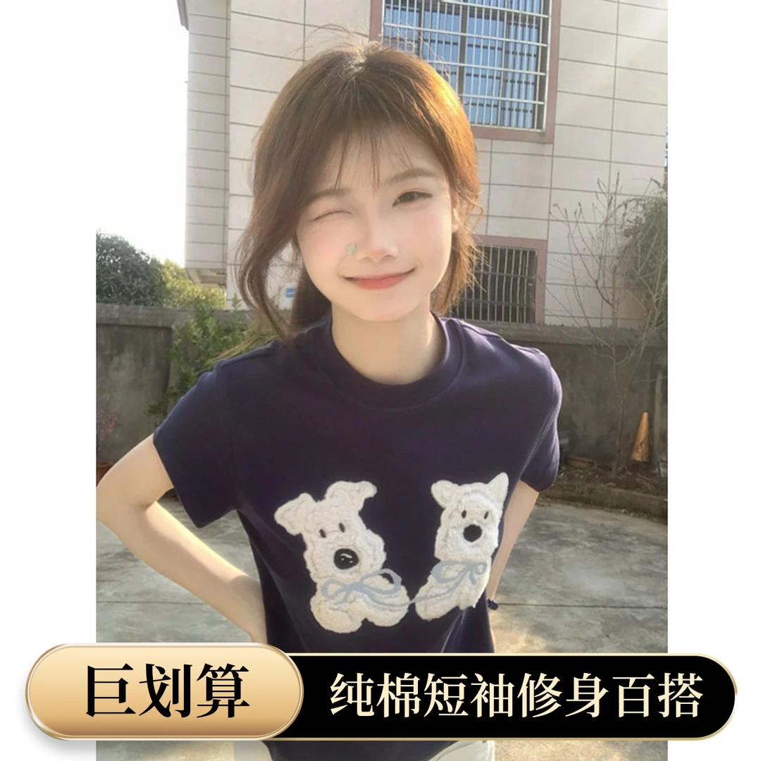 小众百搭时尚夏季设计刺绣正肩短袖T恤女纯棉圆领修身百搭上衣