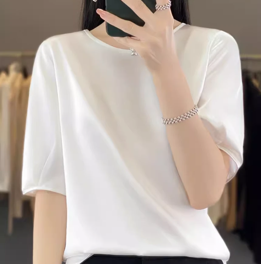 92%桑蚕丝女士宽松拼接透气染色短袖T恤均码半袖打底衫圆领