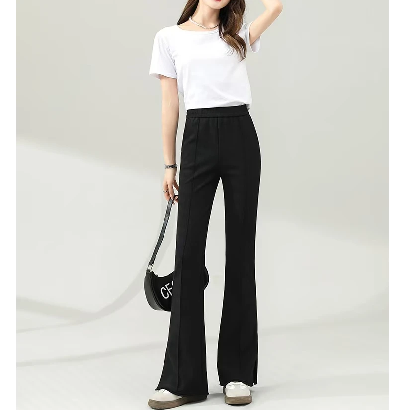 喇叭裤高腰女神款微喇裤开叉黑色裤子直筒薄款阔腿百搭23222#