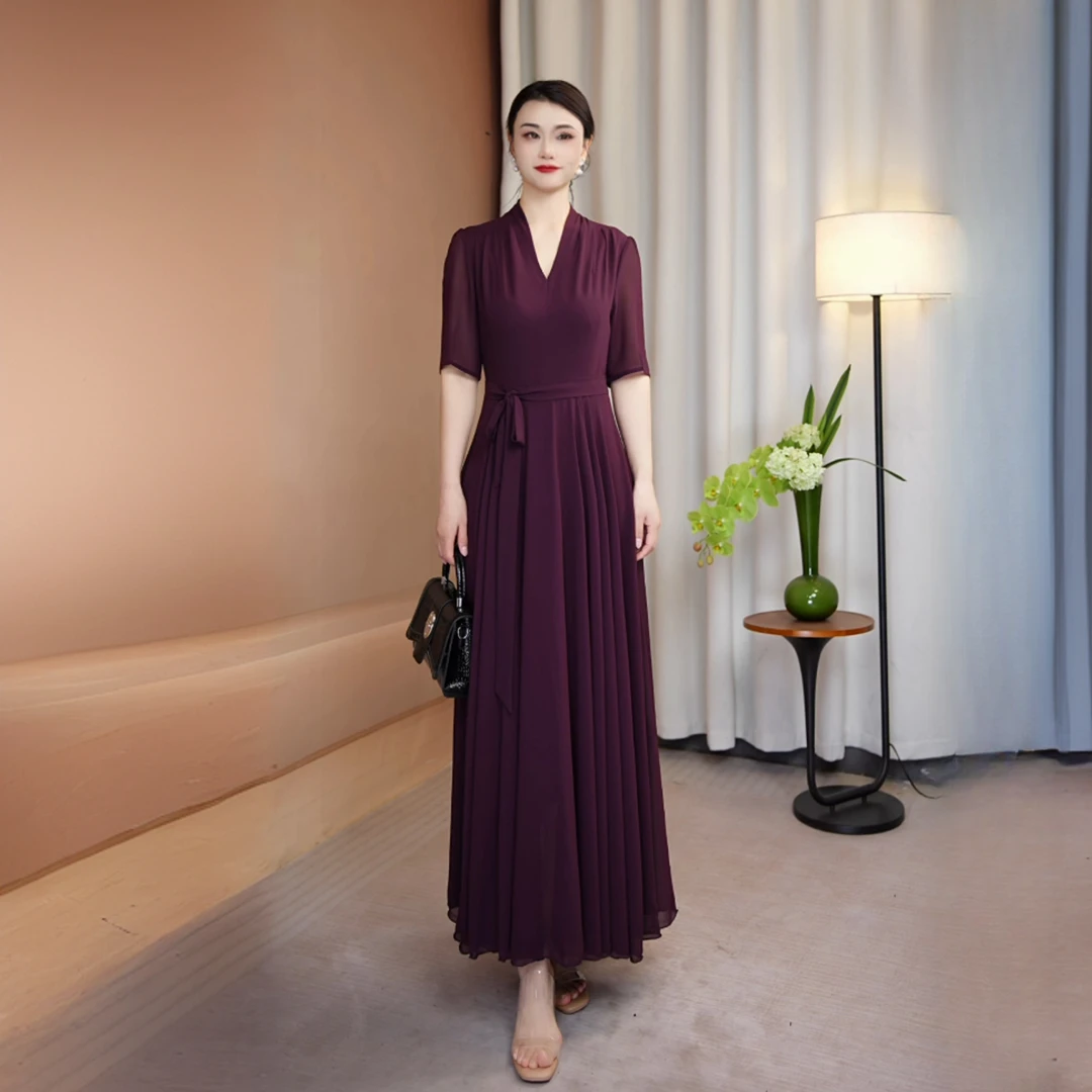 2025春季夏季连衣裙V领贵气紫女装气质侧拉链大摆长裙X668-15A