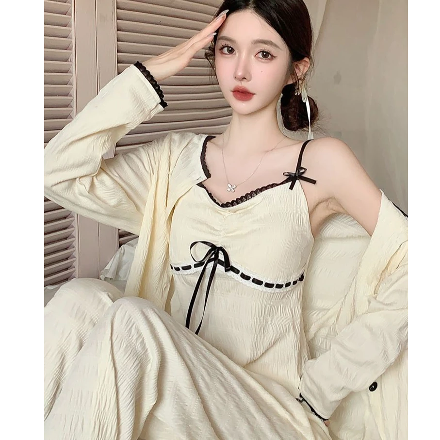 新款纯欲吊带女睡衣带杯垫云朵棉三件套裸感舒适家居服睡衣1657