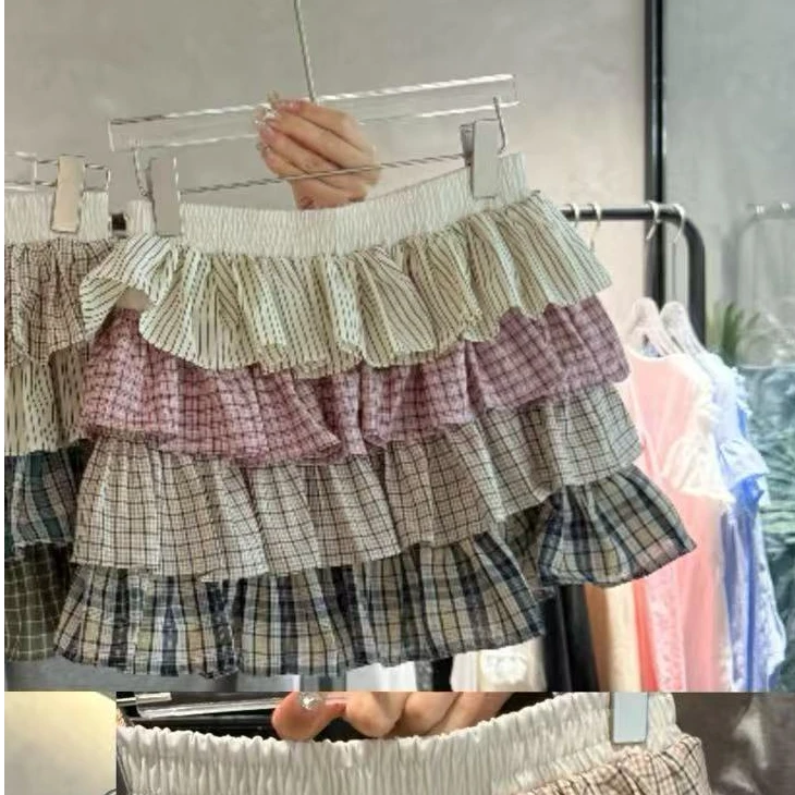 深圳南油高货原创ZZ蛋糕百褶格子拼色彩色A字显瘦洋气MIU系半身裙