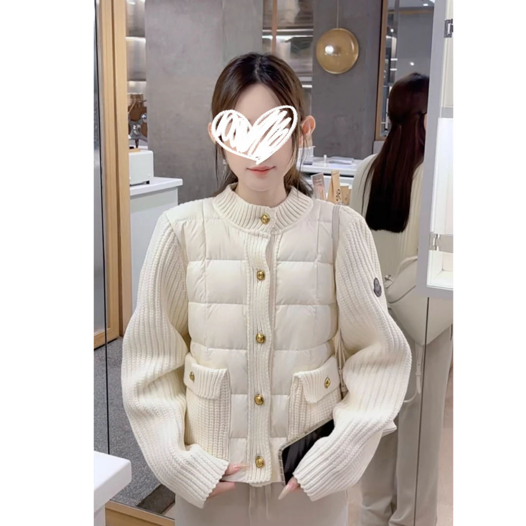 2025年新款白鸭绒羽绒服小香风厚款针织冬季拼接