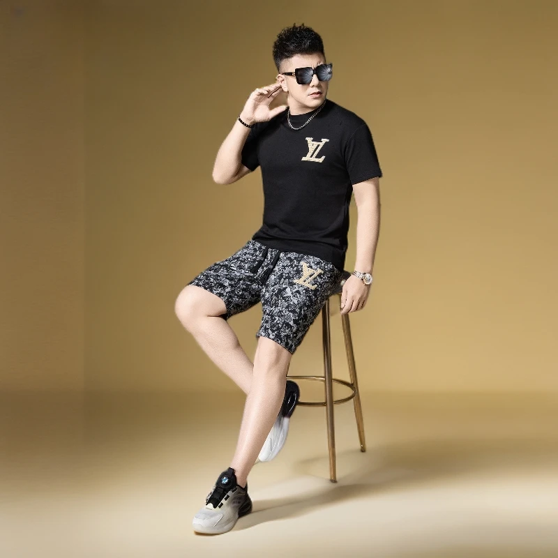 欧洲站2025新款潮牌宽松休闲短裤上衣T恤男两件套装高端刺绣印花
