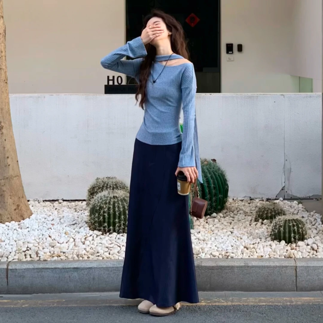 休闲风慵懒风时尚套装长裙不规则牛仔高腰半裙百搭显瘦气质