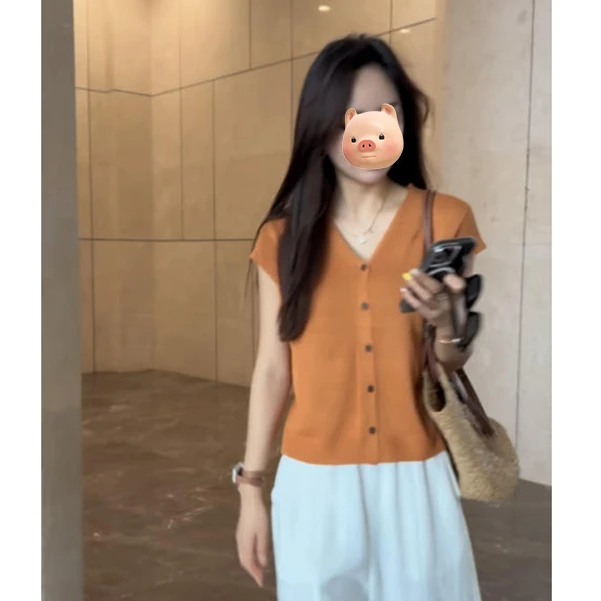 多巴胺穿搭橘色V领小飞袖冰丝亚麻短袖针织衫女夏季外穿宽松上衣