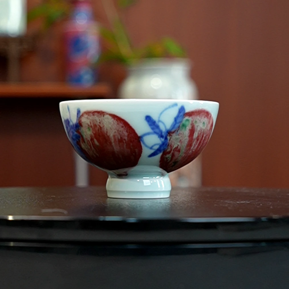 12.29/N100130/00734/青花釉里红寿桃高足杯/口径9/高5.5/90cc