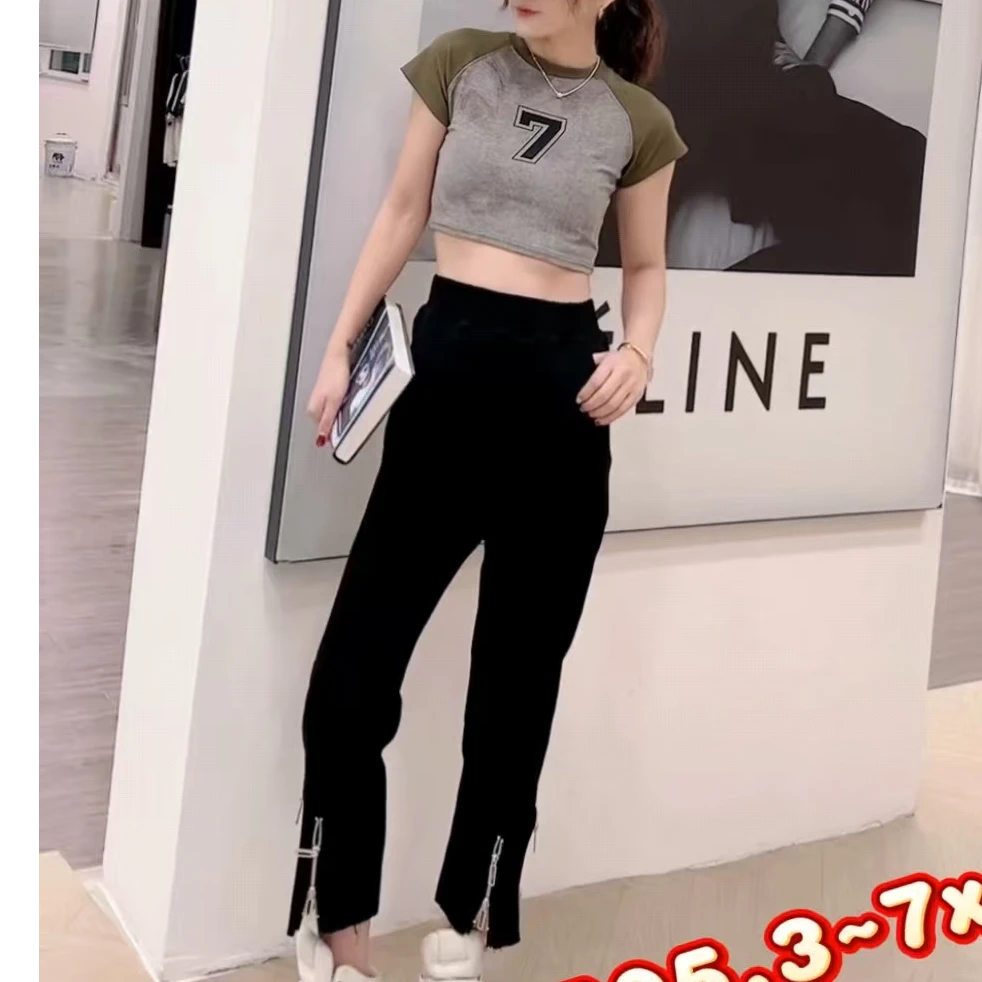 D505欧货时尚高腰显瘦多拉锁休闲裤